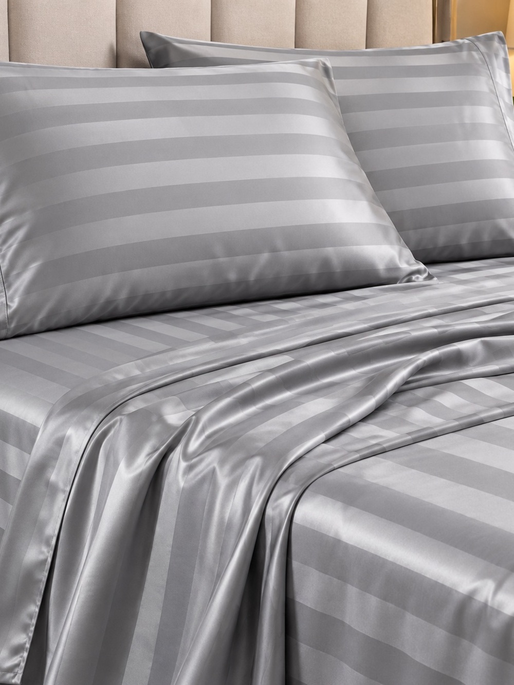 DECOLURE Queen Silky Satin Sheet Set – Striped Grey